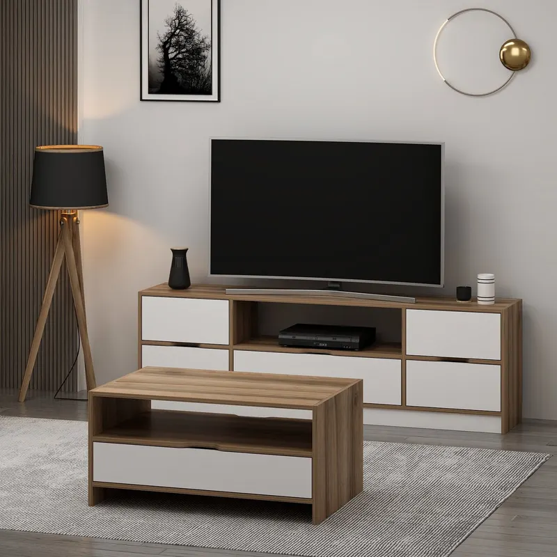 Set mobilă pentru sufragerie Elina - 9007, Alb - Dore, 180x35x57 cm - Alb - Auriu