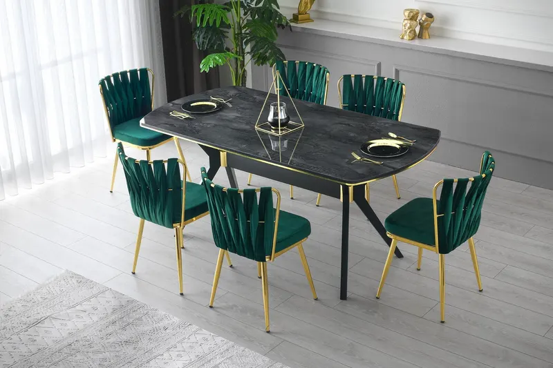 Set 2 scaune Kuşaklı - 206 V2, Auriu - Verde, 43x43x82 cm - Auriu - Verde