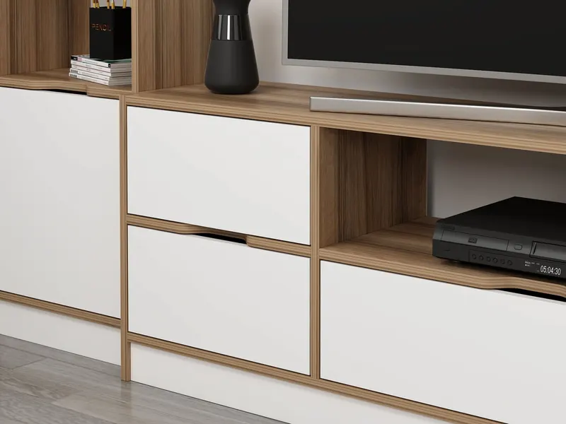 Comodă TV Elina - 9010, Alb - Dore, 180x35x57 cm - Alb - Auriu