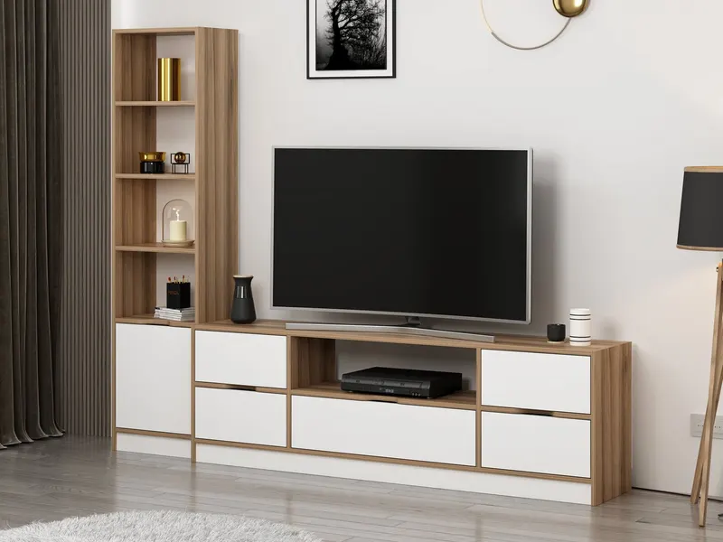 Comodă TV Elina - 9012, Alb - Dore, 180x35x57 cm - Alb - Auriu