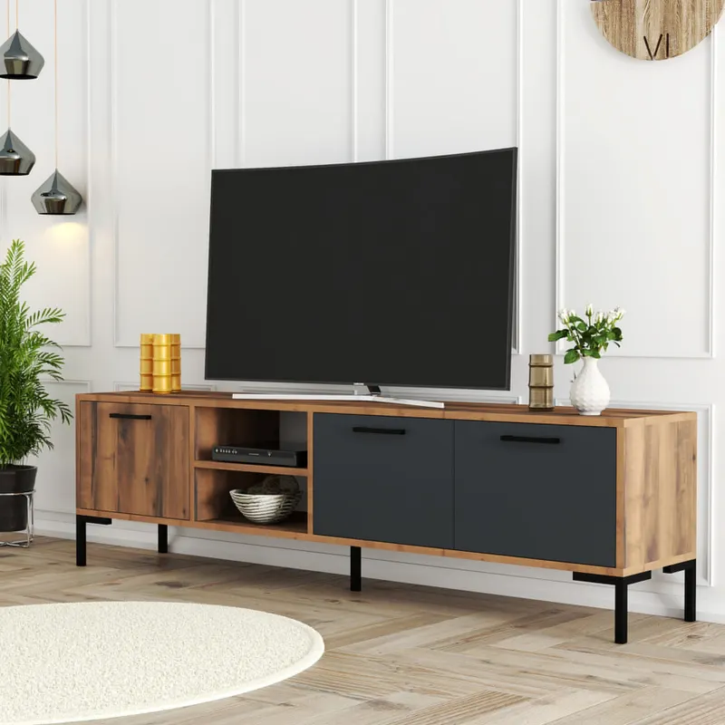 Comodă TV Aurora 1590, Nuc - Antracit, 180x35x50 cm - Nuc - Antracit