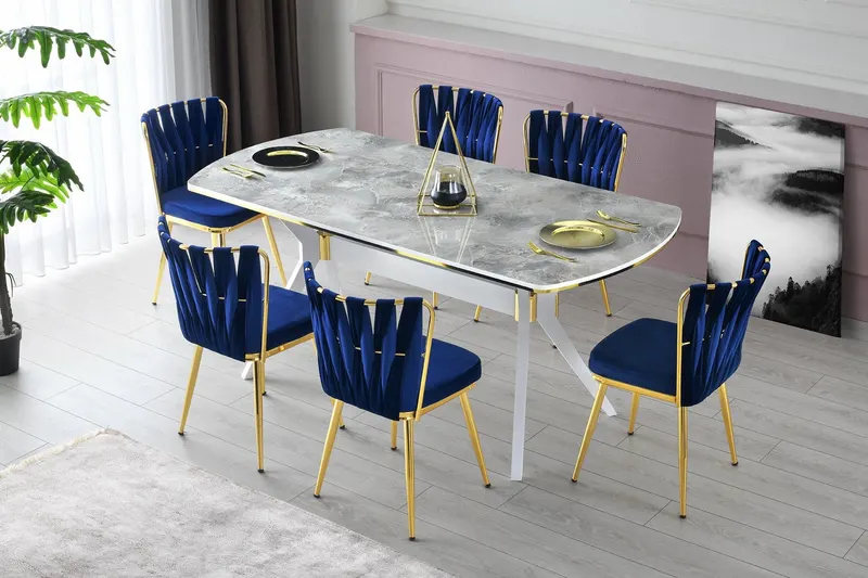 Set 2 scaune Kuşaklı - 209 V2, Auriu - Bleumarin, 43x43x82 cm - Auriu - Albastru