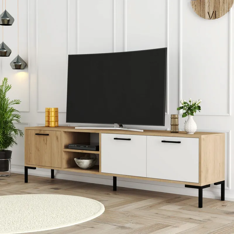 Comodă TV Aurora 1594, Stejar - Alb, 180x35x50 cm - Stejar - Alb