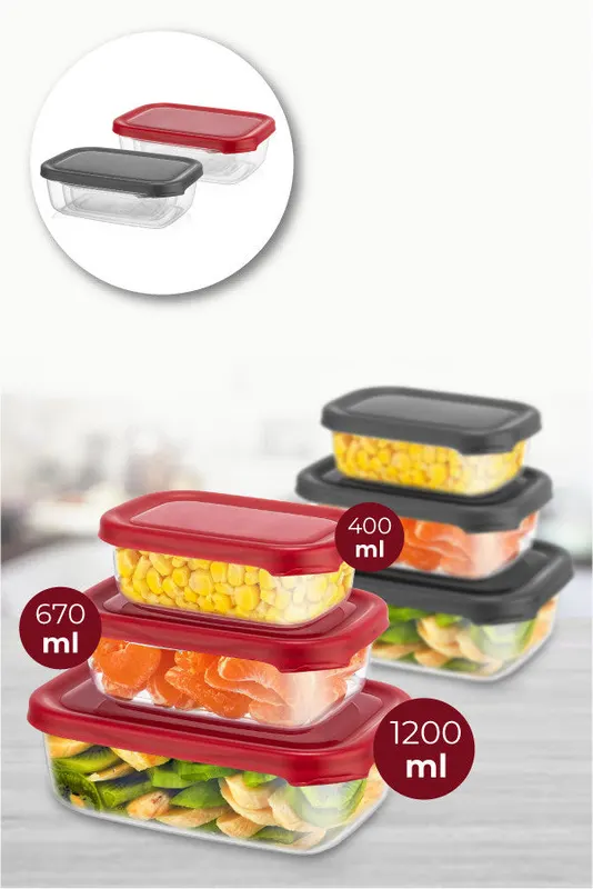 Set recipiente pentru depozitare 6 bucăți FOLYBNM-0513, Roșu - Antracit, 14x20x7 cm - Roșu - Antracit