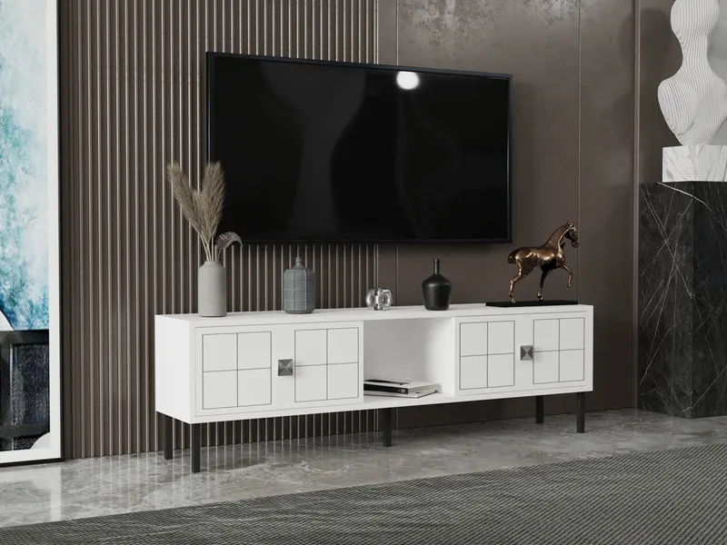 Comodă TV Keary, Alb - Argintiu, 150x30x45 cm - Alb - Argintiu