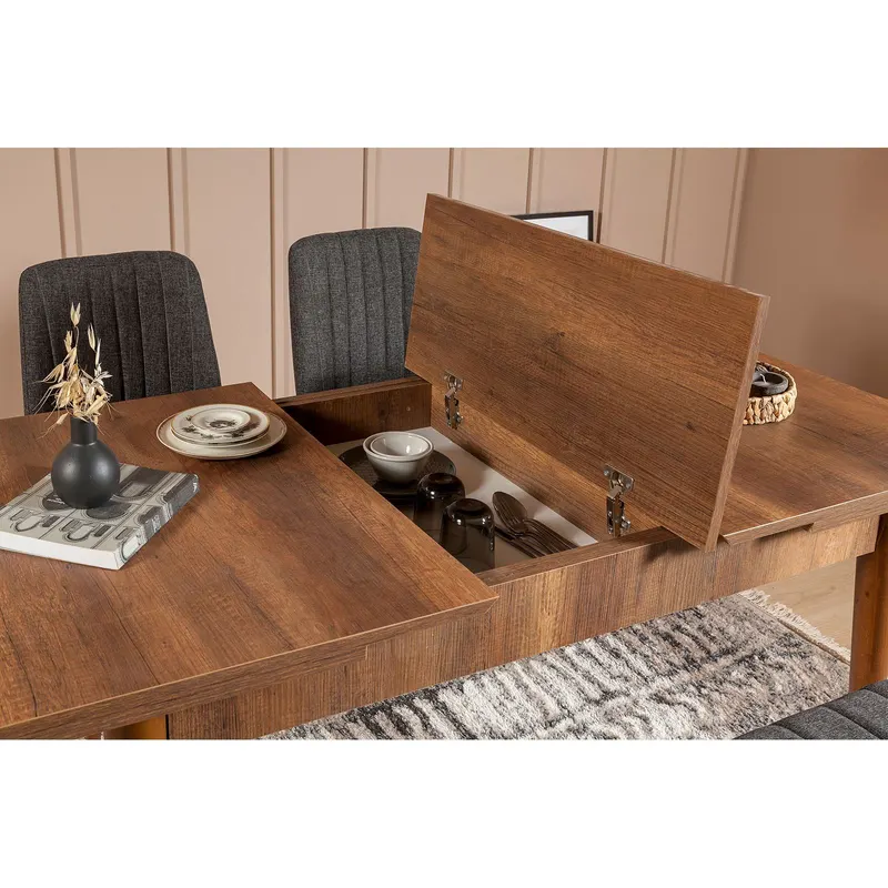 Masă extensibilă cu scaune 4 bucăți Vina 1053, Nuc - Antracit, 130x80x77 cm - Nuc - Antracit