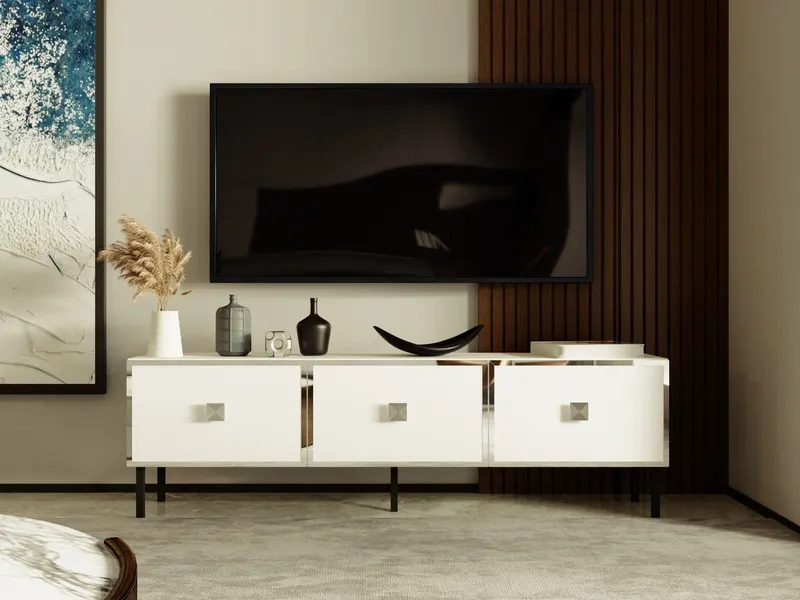 Comodă TV Kivan, Alb - Argintiu, 150x30x45 cm - Alb - Argintiu