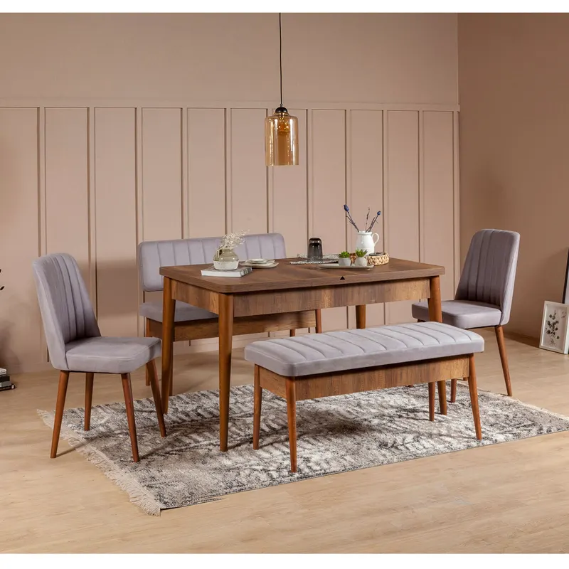 Masă extensibilă cu scaune 5 bucăți Vina Walnut Soho Grey, Nuc - Soho, 130x80x77 cm - Nuc - Gri