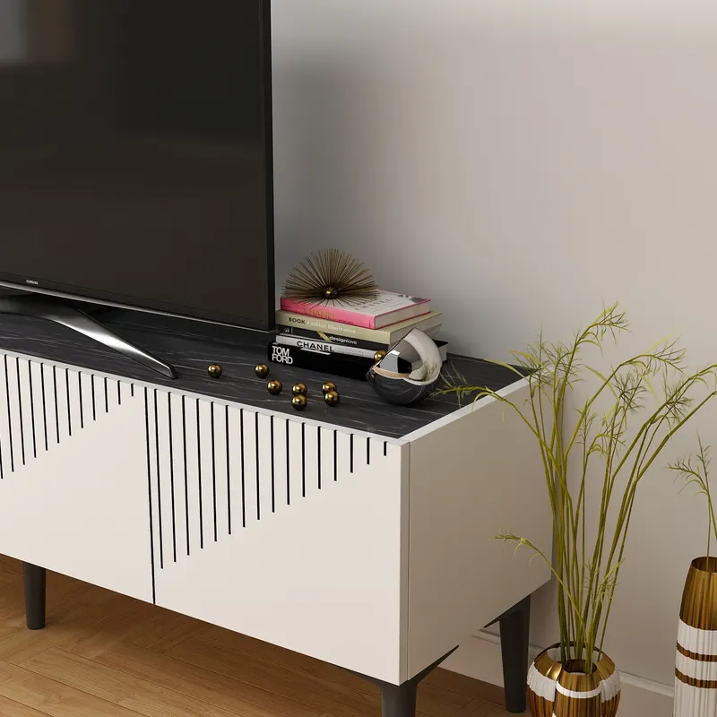 Comodă TV Draw - White, Black Marble, Alb - Negru, 154x37x45 cm - Alb - Negru