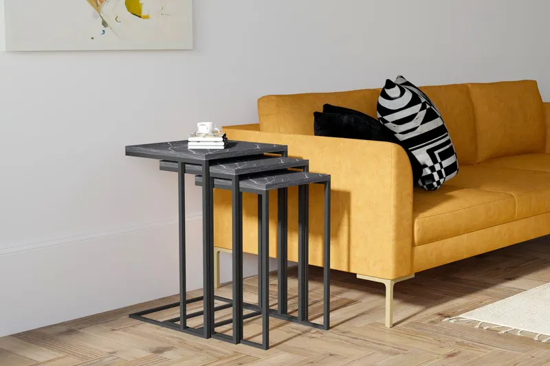 Set 3 măsuțe de cafea Black Mermer, Negru, 40x40x60 cm - Negru