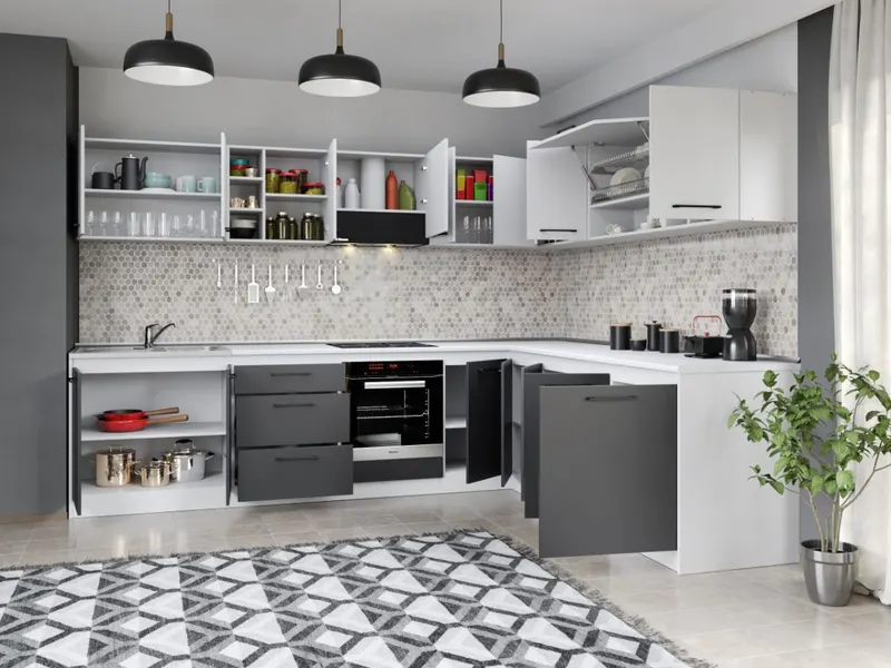 Set Mobila Bucatarie Colt Mina Dual 300*240 Gri Antracit/Alb C114 — imaginea 2