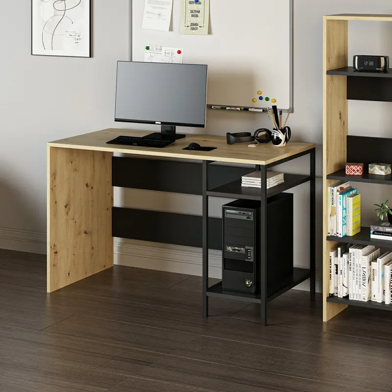 Birou Tiran, Negru - Stejar, 120x60x74 cm - Negru - Stejar