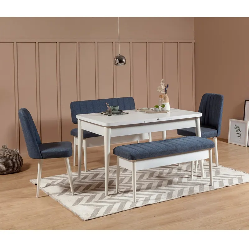 Masă extensibilă cu scaune 5 bucăți Vina White Dark Blue, Alb - Albastru închis, 130x80x77 cm - Alb - Albastru