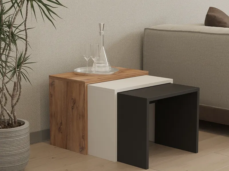 Set 3 măsuțe de cafea Gül, Antracit - Stejar - Alb, 50x30x40 cm - Antracit - Stejar - Alb