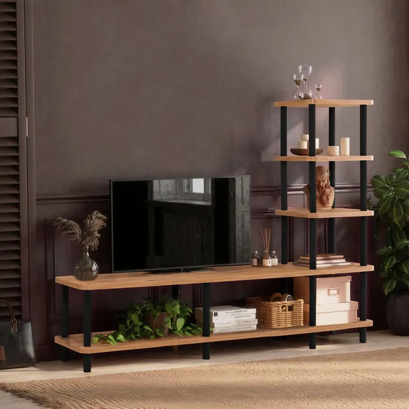 Comodă TV Mezza, Negru - Pin atlantic, 180x35x137 cm - Negru - Natural