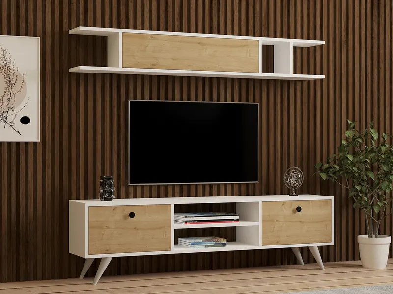 Comodă TV Italo, Alb - Pin, 160x30x45 cm - Alb - Natural