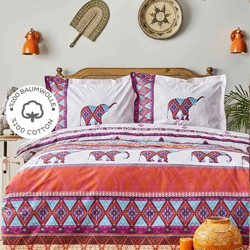Set lenjerie de pat dublă Marsala, Portocaliu - Mov - Albastru - Alb, 240x260 cm - Portocaliu - Mov - Albastru - Alb