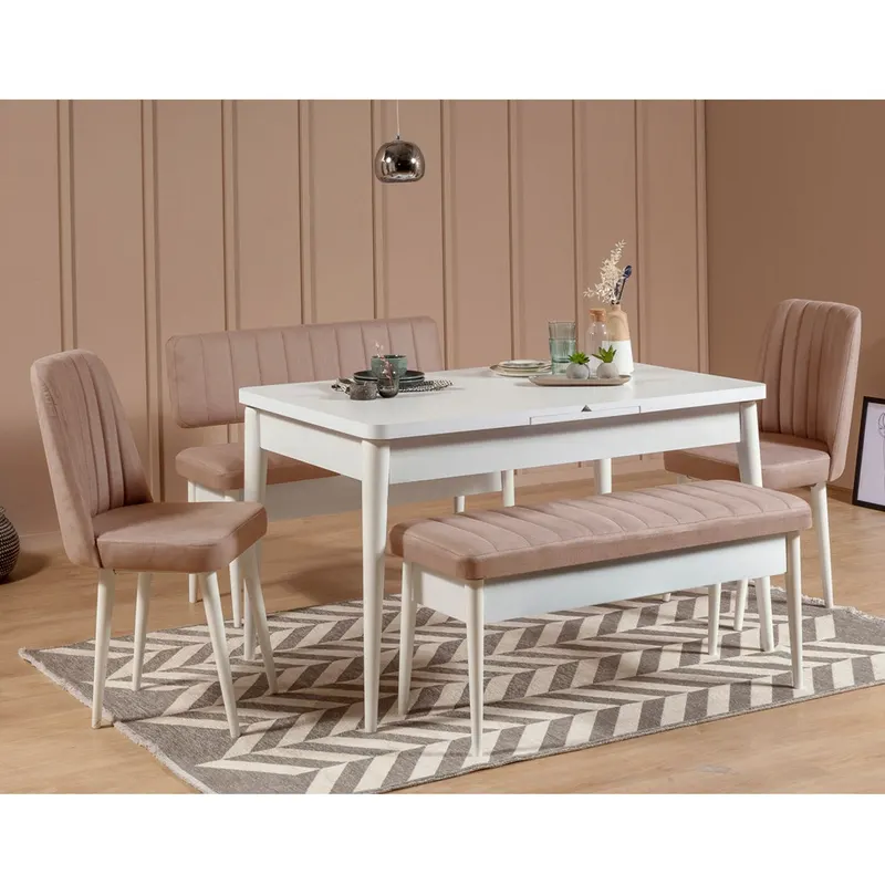 Masă extensibilă cu scaune 5 bucăți Vina White Stone, Alb - Stone, 130x80x77 cm - Alb - Gri