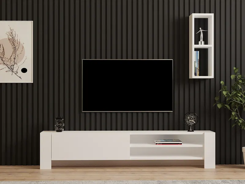Comodă TV Naz, Alb, 160x27x33 cm - Alb