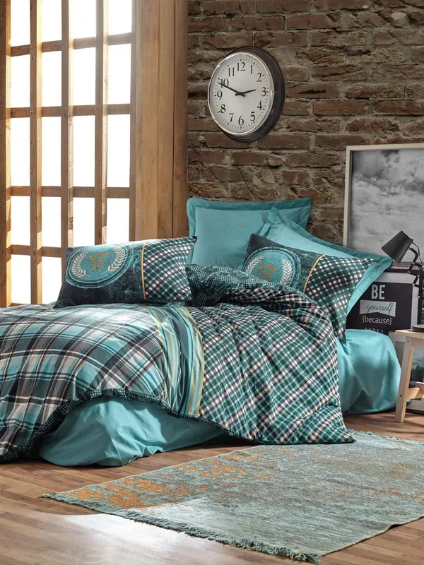 Set Lenjerie de pat double, Albastru, 220 x 200 cm,100% Bumbac Ranforce - Albastru