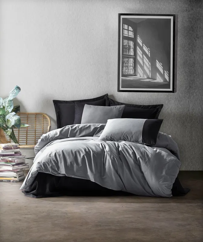 Set Lenjerie de pat double, Gri, 220 x 200 cm,100% Bumbac Ranforce - Gri