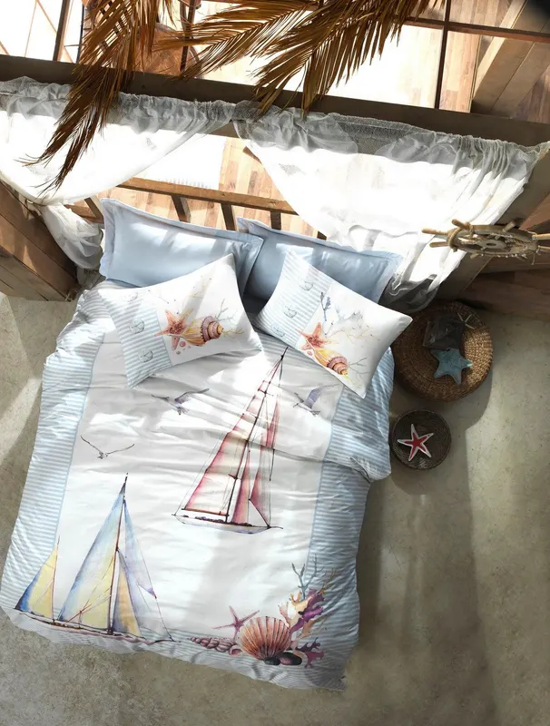Set Lenjerie de pat double, Albastru, 220 x 200 cm,100% Bumbac Ranforce - Albastru