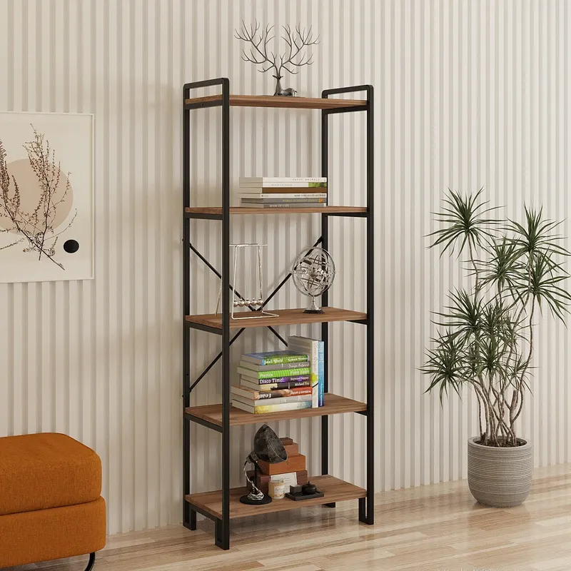 Bibliotecă Abel, Pin atlantic - Negru, Ø16x60 cm - Natural - Negru