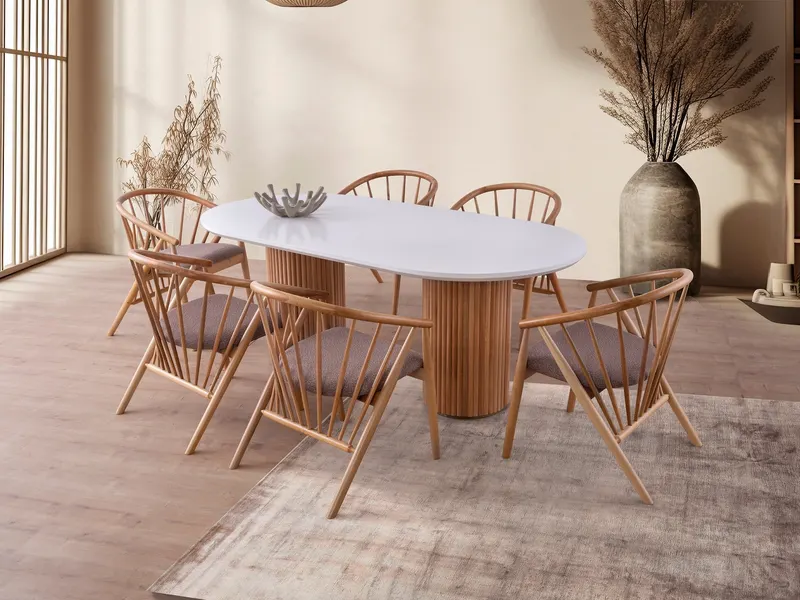 Masă dining Lıne - 933, Alb - Nuc, 200x100x77 cm - Alb - Nuc