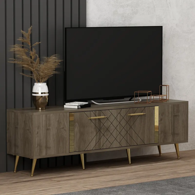 Comodă TV Detas, Nuc - Auriu, 150x35x48 cm - Nuc - Auriu