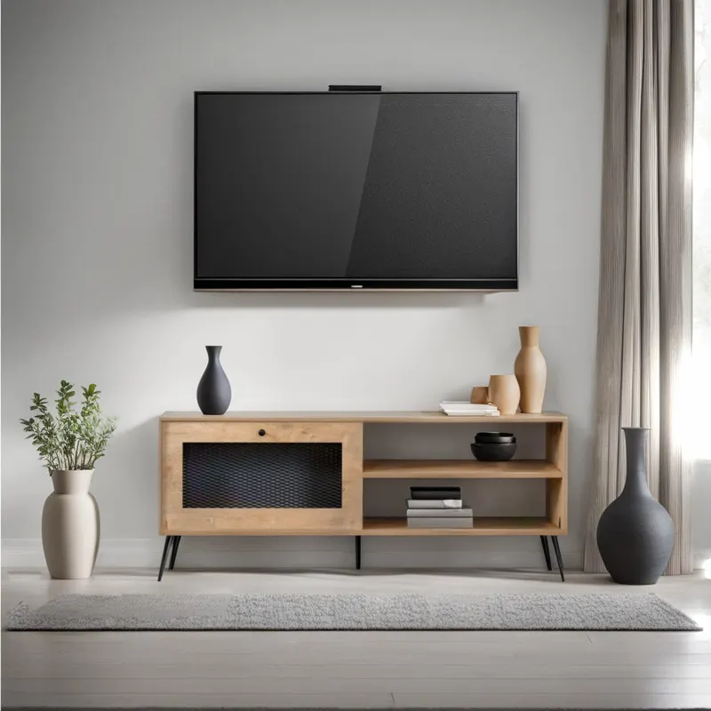 Comodă TV Pascal, Stejar - Negru, 138x30x15 cm - Stejar - Negru