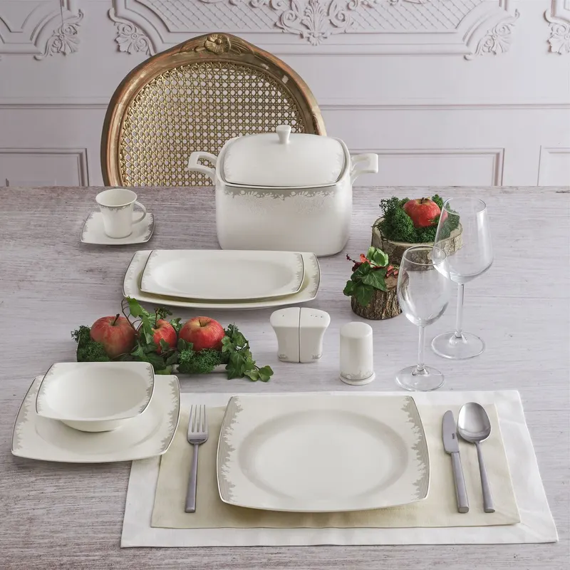 Serviciu de masă 85 bucăți GBSCR85KYT8305489, Alb - Argintiu, 26x26 cm - Alb - Argintiu