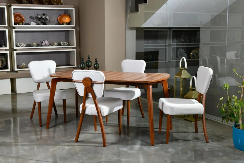 Masă cu scaune 5 bucăți Tia Wooden, Nuc - Crem, 47x45x92 cm - Nuc - Crem