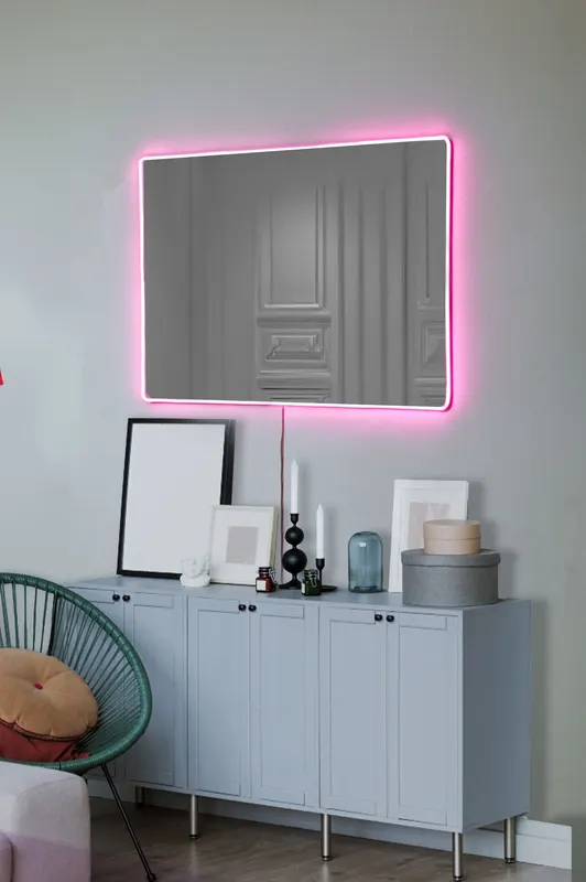 Oglindă decorativă cu LED Dreptunghiulară, Diverse culori, 40x60 cm - Roz