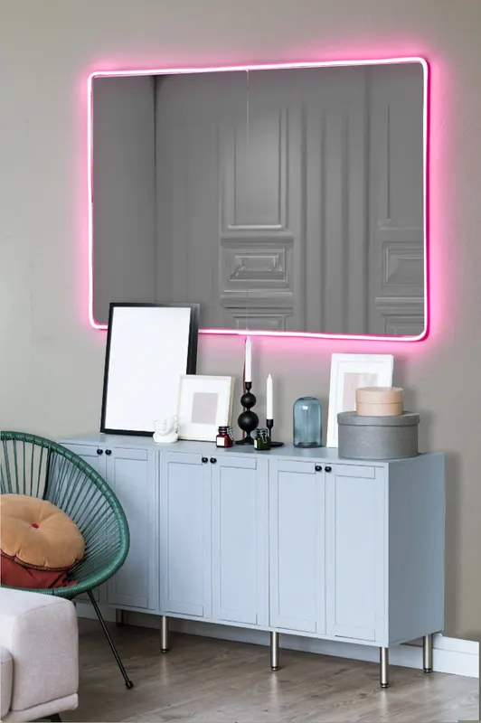 Oglindă decorativă cu LED Dreptunghiulară, Diverse culori, 60x80 cm - Roz