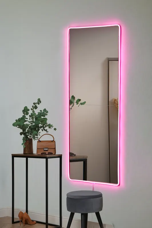 Oglindă decorativă cu LED Dreptunghiulară, Diverse culori, 40x120 cm - Roz