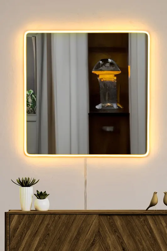 Oglindă decorativă cu LED Pătrată, Diverse culori, 50x50 cm - Galben