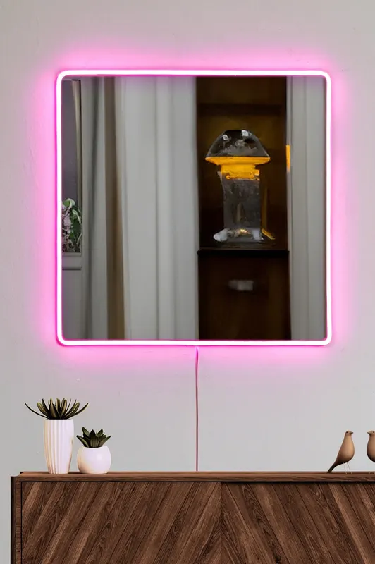 Oglindă decorativă cu LED Pătrată, Diverse culori, 50x50 cm - Roz