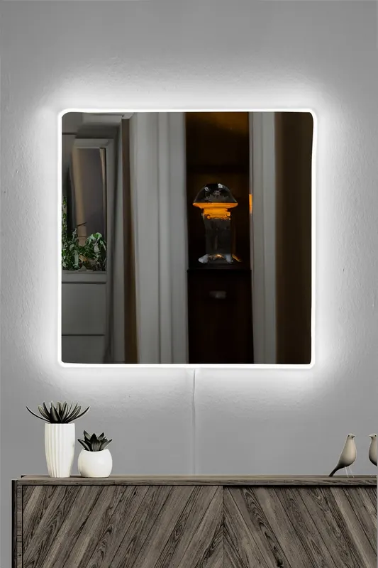 Oglindă decorativă cu LED Pătrată, Diverse culori, 50x50 cm - Alb