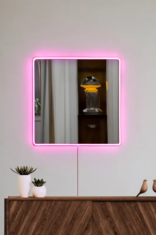 Oglindă decorativă cu LED Pătrată, Diverse culori, 30x30 cm - Roz