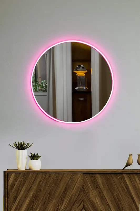 Oglindă decorativă cu LED Rotundă, Diverse culori, Ø40 cm - Roz