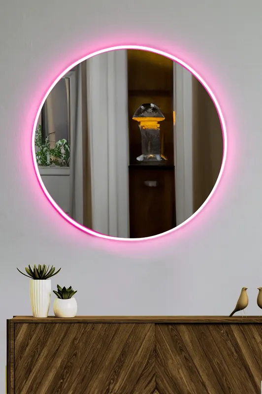 Oglindă decorativă cu LED Rotundă, Diverse culori, Ø60 cm - Roz