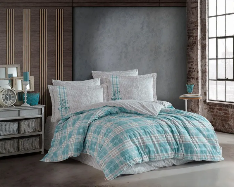Set lenjerie de pat dublă Denim, Diverse culori, 240x260 cm - Turcoaz - Gri