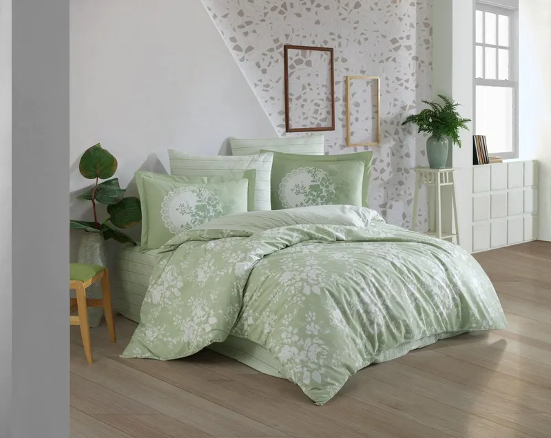 Set lenjerie de pat dublă Flora, Diverse culori, 240x260 cm - Verde - Alb