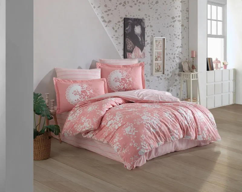 Set lenjerie de pat dublă Flora, Diverse culori, 240x260 cm - Pudră - Alb