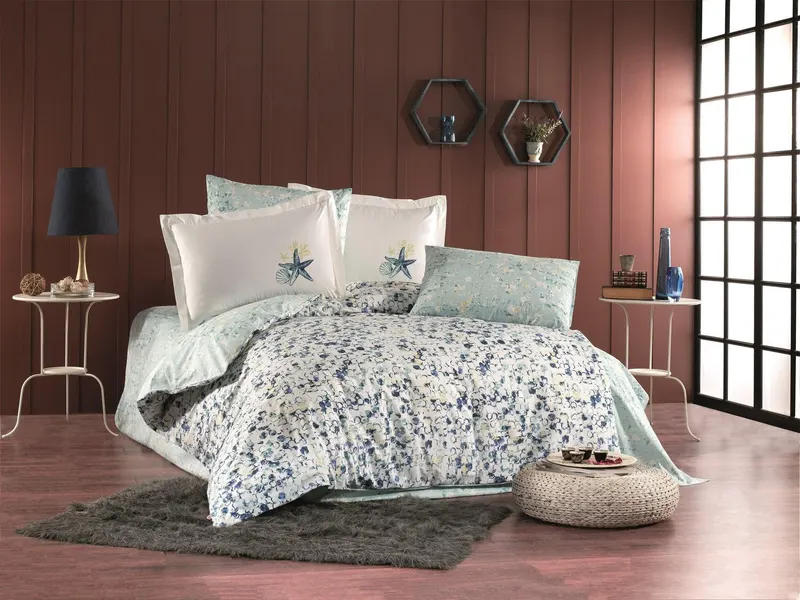 Set lenjerie de pat dublă Frame, Diverse culori, 240x260 cm - Albastru închis - Mentă - Crem