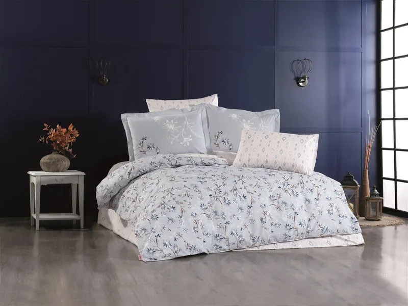 Set lenjerie de pat dublă Jardin, Diverse culori, 240x260 cm - Albastru închis - Crem