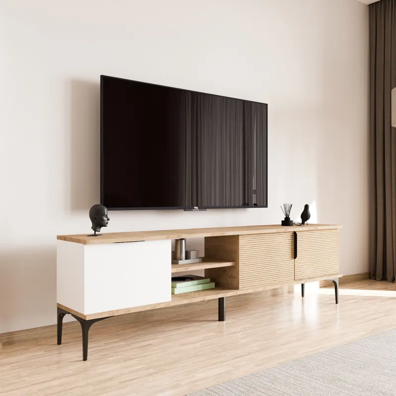 Comodă TV Tarz, Diverse culori, 180x33x49 cm - Alb - Stejar