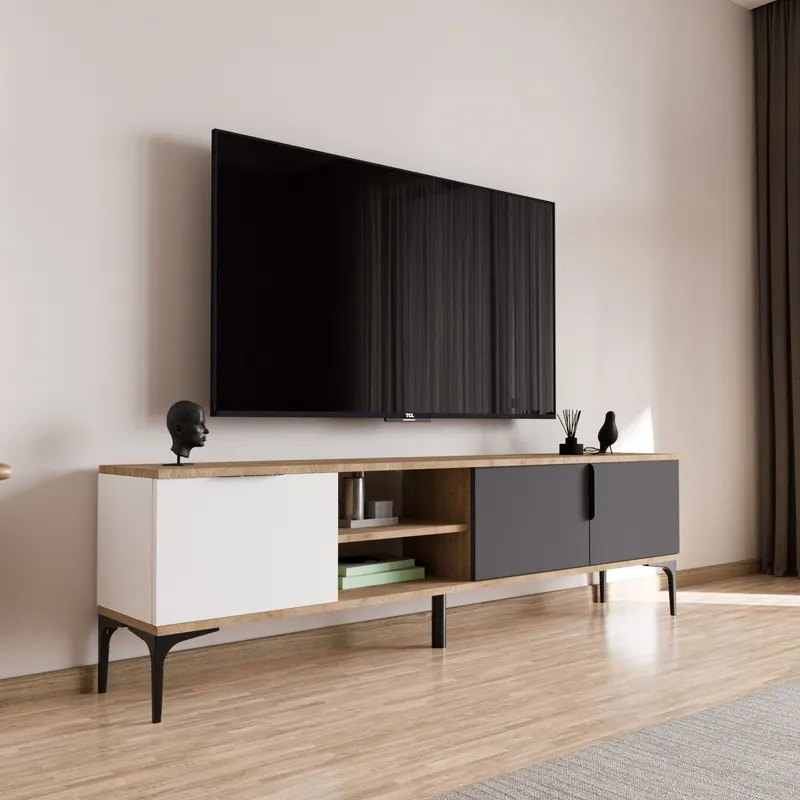 Comodă TV Tarz, Diverse culori, 180x33x49 cm - Alb - Antracit - Stejar