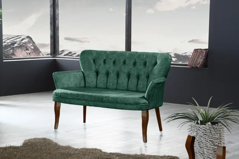 Canapea fixă 2 locuri Paris lemn nuc, Diverse culori, 130x46x82 cm - Verde marin