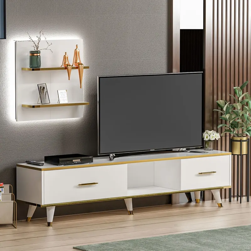 Comodă TV Aren, Diverse culori, 180x35x44 cm - Alb - Auriu